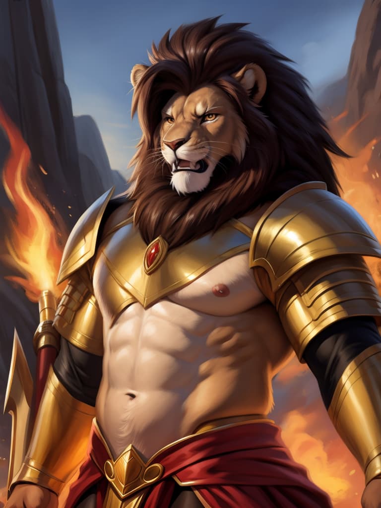  By chunie, by Meesh, portrait, close-up view, detailed pupils, glowing pupils:2, sharp detail, masterpiece, photorealistic, solo, anthro, male, lion, scar on face, a lions fighting in a battlefield, holds a golden weapon, fighting, roaring, angry face:2, serious face:2, rage, zoom in on face, enraged:2, sparkling red and gold armor:2, surrounded by glowing flames:2, fireland, sparkling fire in background:2, ultra detailed sparkling flame, ultra detailed sparkling red and gold armor:2, sfw, thick body, muscular body, stare at the camera, open eyes, digital art, masterpiece, 4k, fine details,