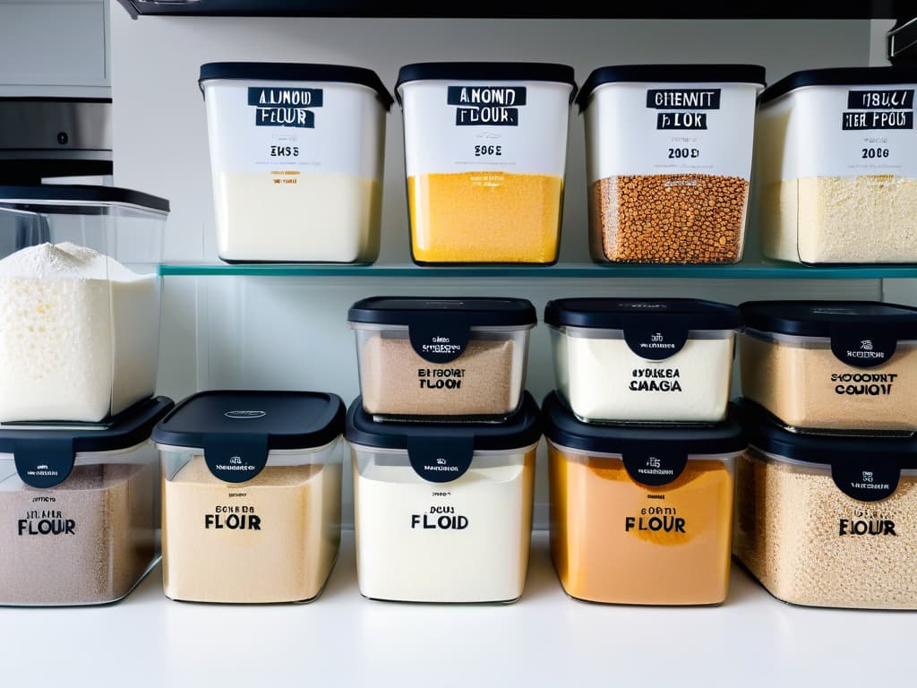  A closeup, ultradetailed image of a variety of glutenfree flours arranged in a sleek, modern kitchen setting. The flours are neatly displayed in clear, labeled containers with minimalist black lids against a pristine white backdrop. Each flour type is distinctly visible, showcasing different textures and colors, including almond flour, coconut flour, tapioca flour, and rice flour. The precision and elegance of the composition emphasize the importance of these essential glutenfree baking ingredients in a sophisticated and visually appealing manner. hyperrealistic, full body, detailed clothing, highly detailed, cinematic lighting, stunningly beautiful, intricate, sharp focus, f/1. 8, 85mm, (centered image composition), (professionally color graded), ((bright soft diffused light)), volumetric fog, trending on instagram, trending on tumblr, HDR 4K, 8K