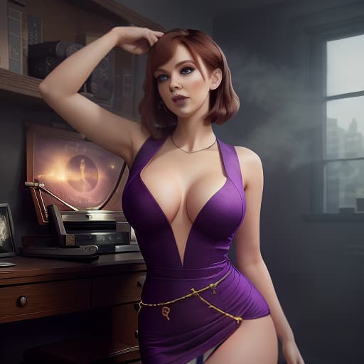  A captivating, high resolution 8K ilration of Scooby Doo's Daphne and Velma, portrayed as two stunning, confident, curvaceous women. She stands with her back to the viewer showing off her huge Daphene with her straight red hair falling down her back and her gaze attracting the viewer. Wearing a tight purple dress that accentuates her curves, purple high heels, and Daphne exudes a mix of sensuality and adventure. Her plump , very large and rounded attract attention, seemingly defying the limitations of her purple microdress. Velma with her giant bust and and thin , she is wearing her orange collared shirt with a triangular neckline, and her red mini full that modifies her beau hyperrealistic, full body, detailed clothing, highly detailed, cinematic lighting, stunningly beautiful, intricate, sharp focus, f/1. 8, 85mm, (centered image composition), (professionally color graded), ((bright soft diffused light)), volumetric fog, trending on instagram, trending on tumblr, HDR 4K, 8K