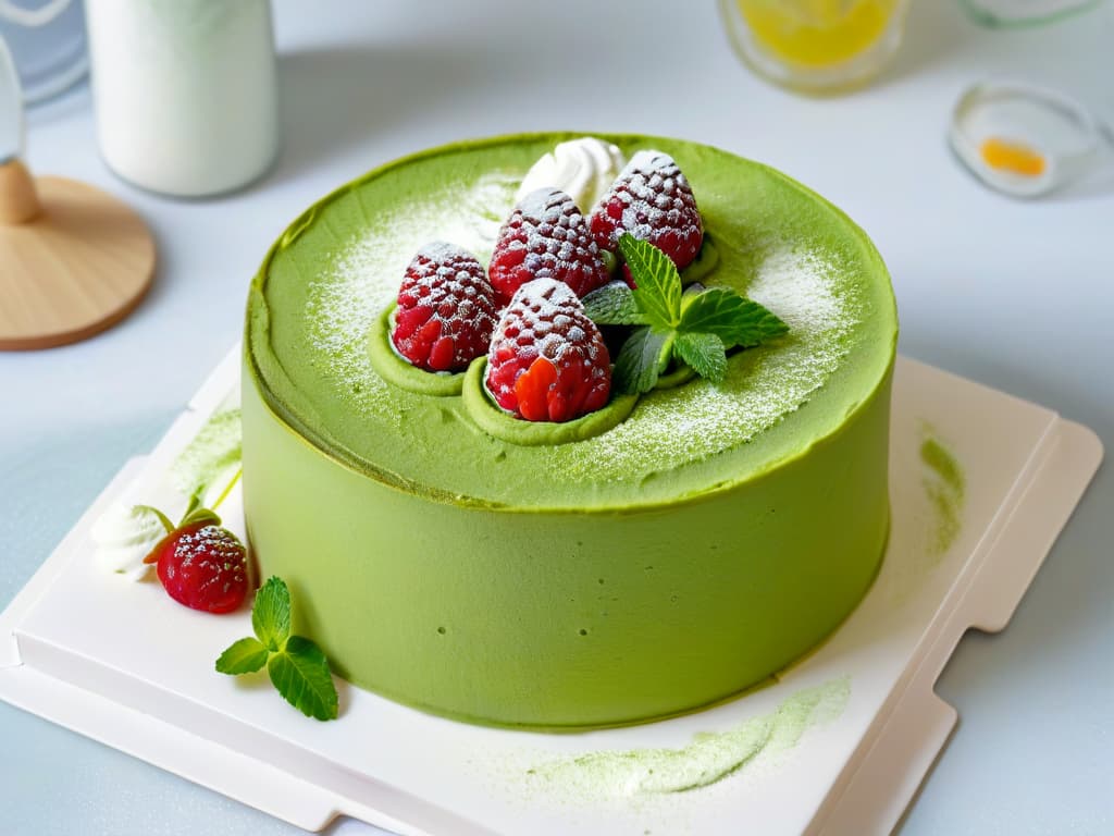  A closeup, photorealistic image of a decadent matcha green tea cheesecake with a perfectly smooth, vibrant green matchainfused filling topped with delicate swirls of matchainfused whipped cream and garnished with fresh raspberries, mint leaves, and a dusting of matcha powder on a sleek, modern white plate. The cheesecake sits on a marble countertop with elegant utensils and a steaming cup of matcha latte in the background, capturing the essence of indulgent yet healthy matcha desserts. hyperrealistic, full body, detailed clothing, highly detailed, cinematic lighting, stunningly beautiful, intricate, sharp focus, f/1. 8, 85mm, (centered image composition), (professionally color graded), ((bright soft diffused light)), volumetric fog, trending on instagram, trending on tumblr, HDR 4K, 8K