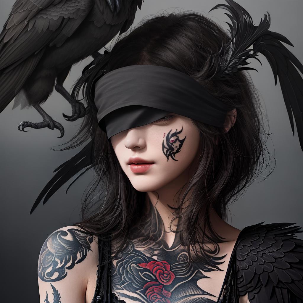  masterpiece, best quality, Best quality, masterpiece, 8k resolution, realistic, highly detailed, close up of blindfolded woman with smoke shading/slight horror style setting, with crow in the background tattoo design for upper arm