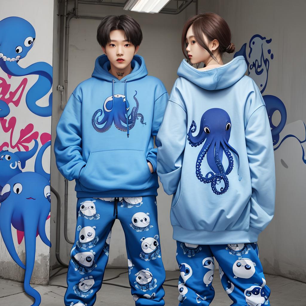  masterpiece, best quality,Graffiti blue octopus printed on hoodie and pants ,