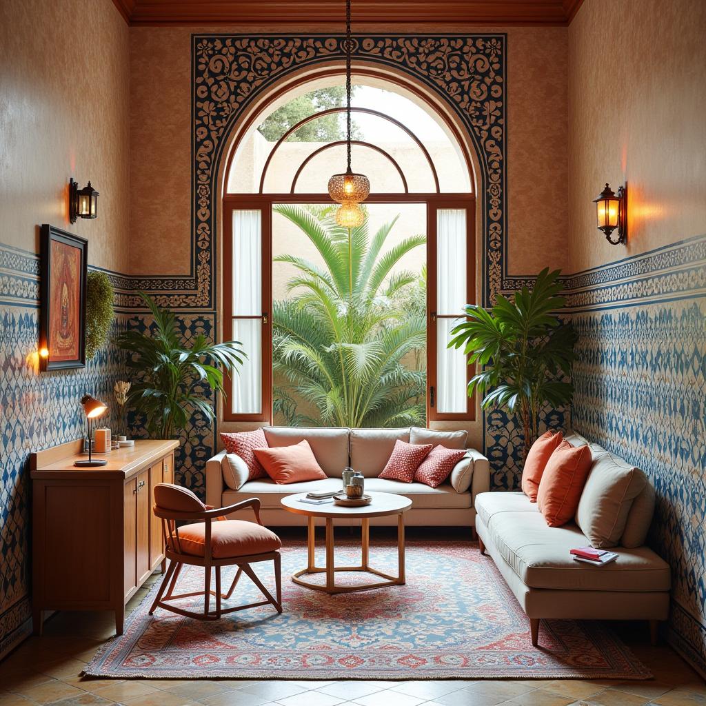  this project requires an editorial photography session focused on a home office workspace designed for remote work. the setting is styled in andalusian design, characterized by intricate tilework, vibrant colors, and moorish influences, complete with traditional courtyards. the imagery should capture the essence of this unique and culturally rich design style, highlighting the functional space within a home.