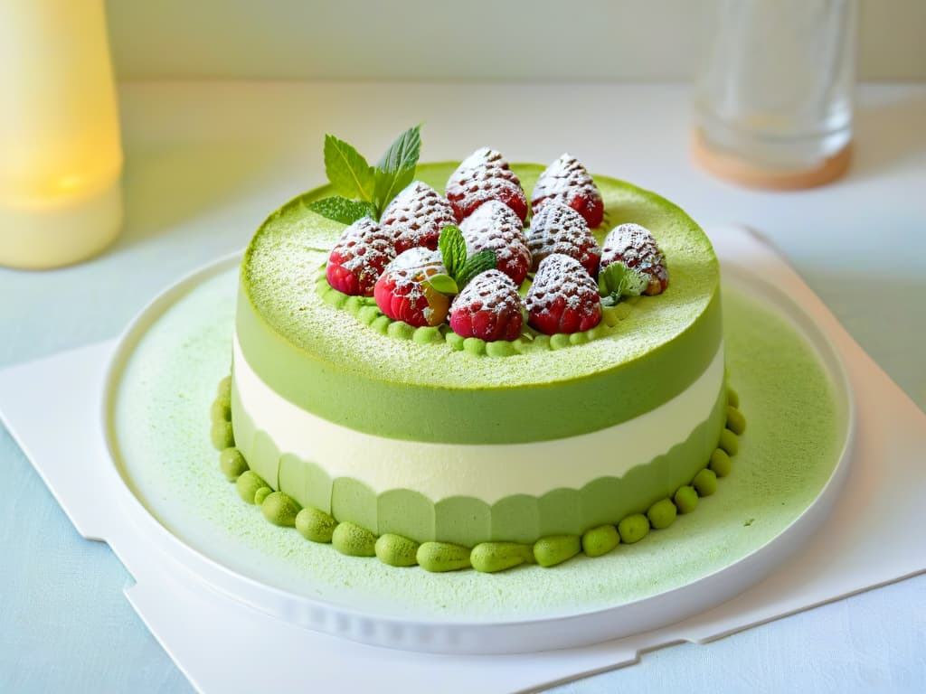  An ultradetailed, photorealistic image of a beautifully plated matcha tiramisu dessert. The dessert features intricate layers of matchainfused sponge cake, creamy mascarpone cheese, and a dusting of vibrant green matcha powder on top. The dish is garnished with fresh raspberries, mint leaves, and delicate edible flowers for an elegant and visually stunning presentation that perfectly captures the essence of healthy matcha desserts. hyperrealistic, full body, detailed clothing, highly detailed, cinematic lighting, stunningly beautiful, intricate, sharp focus, f/1. 8, 85mm, (centered image composition), (professionally color graded), ((bright soft diffused light)), volumetric fog, trending on instagram, trending on tumblr, HDR 4K, 8K