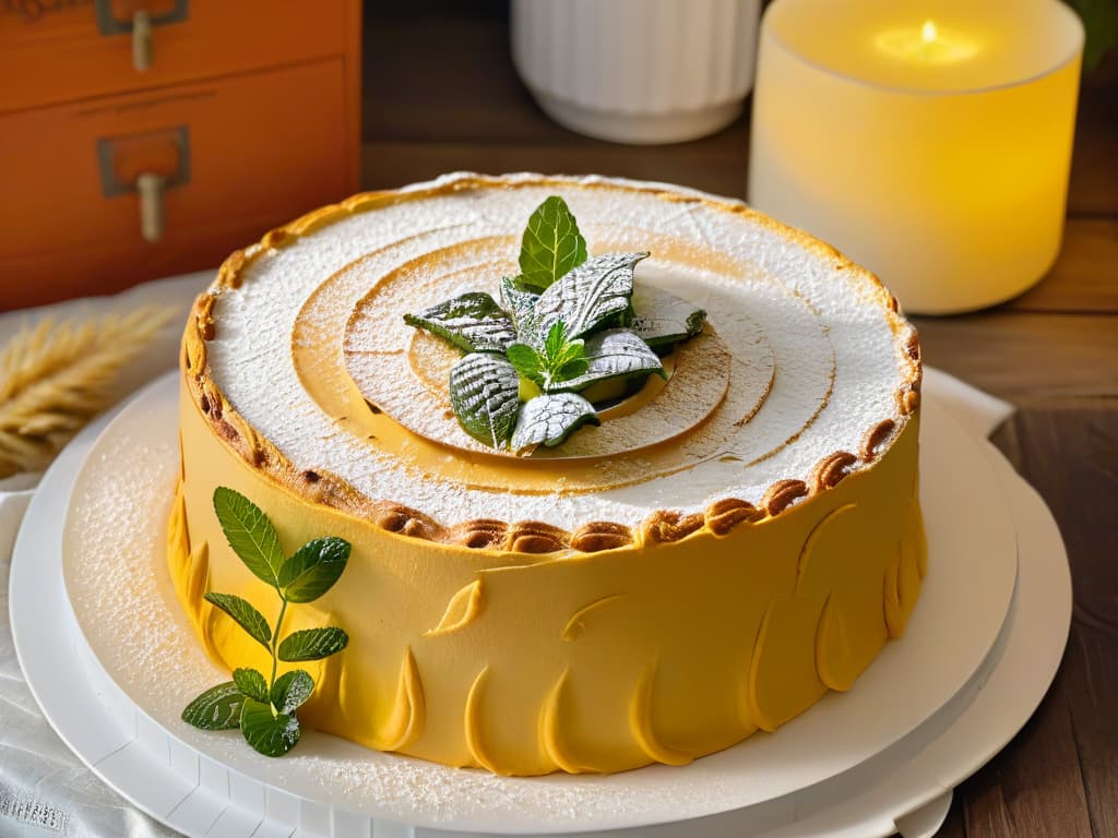  A closeup, photorealistic image of a freshly baked yacón cake, beautifully decorated with a light dusting of powdered sugar, garnished with fresh yacón slices and mint leaves on a rustic wooden table. The cake is perfectly moist and golden, showcasing the natural sweetness and versatility of yacón in pastry making. The lighting is soft, highlighting the textures of the cake and the vibrant colors of the garnishes, creating an inviting and appetizing scene that would inspire readers to explore the benefits of yacón in their baking endeavors. hyperrealistic, full body, detailed clothing, highly detailed, cinematic lighting, stunningly beautiful, intricate, sharp focus, f/1. 8, 85mm, (centered image composition), (professionally color graded), ((bright soft diffused light)), volumetric fog, trending on instagram, trending on tumblr, HDR 4K, 8K