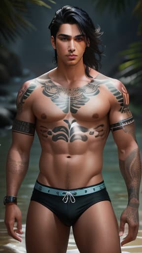  Male siren, Indigenous American, toned body with tribal tattoos, black hair, brown eyes, hyperrealistic, high quality, highly detailed, perfect lighting, intricate, sharp focus, f/1. 8, 85mm, (centered image composition), (professionally color graded), ((bright soft diffused light)), trending on instagram, HDR 4K, 8K