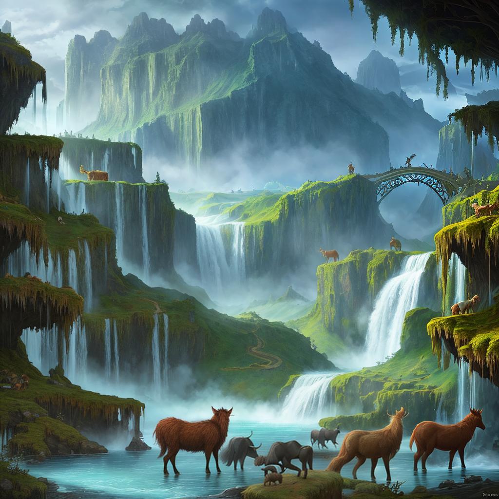  in a fantasy setting, Paint a surreal landscape where mythical beasts roam amidst cascading waterfalls.