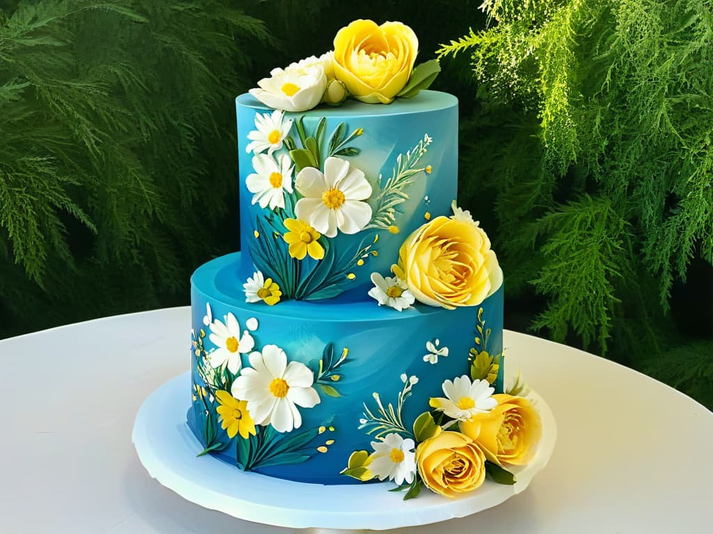  A decadent threetiered wedding cake covered in intricate floral designs made entirely from edible paint. The delicate brush strokes bring to life a garden of blooming roses, daisies, and peonies cascading down the sides of the cake. Each petal is so lifelike that it seems almost tangible, while the vibrant colors of the edible paint make the cake a true work of art. The golden accents on the edges of the tiers catch the light, adding a touch of elegance to this masterpiece of edible art. hyperrealistic, full body, detailed clothing, highly detailed, cinematic lighting, stunningly beautiful, intricate, sharp focus, f/1. 8, 85mm, (centered image composition), (professionally color graded), ((bright soft diffused light)), volumetric fog, trending on instagram, trending on tumblr, HDR 4K, 8K