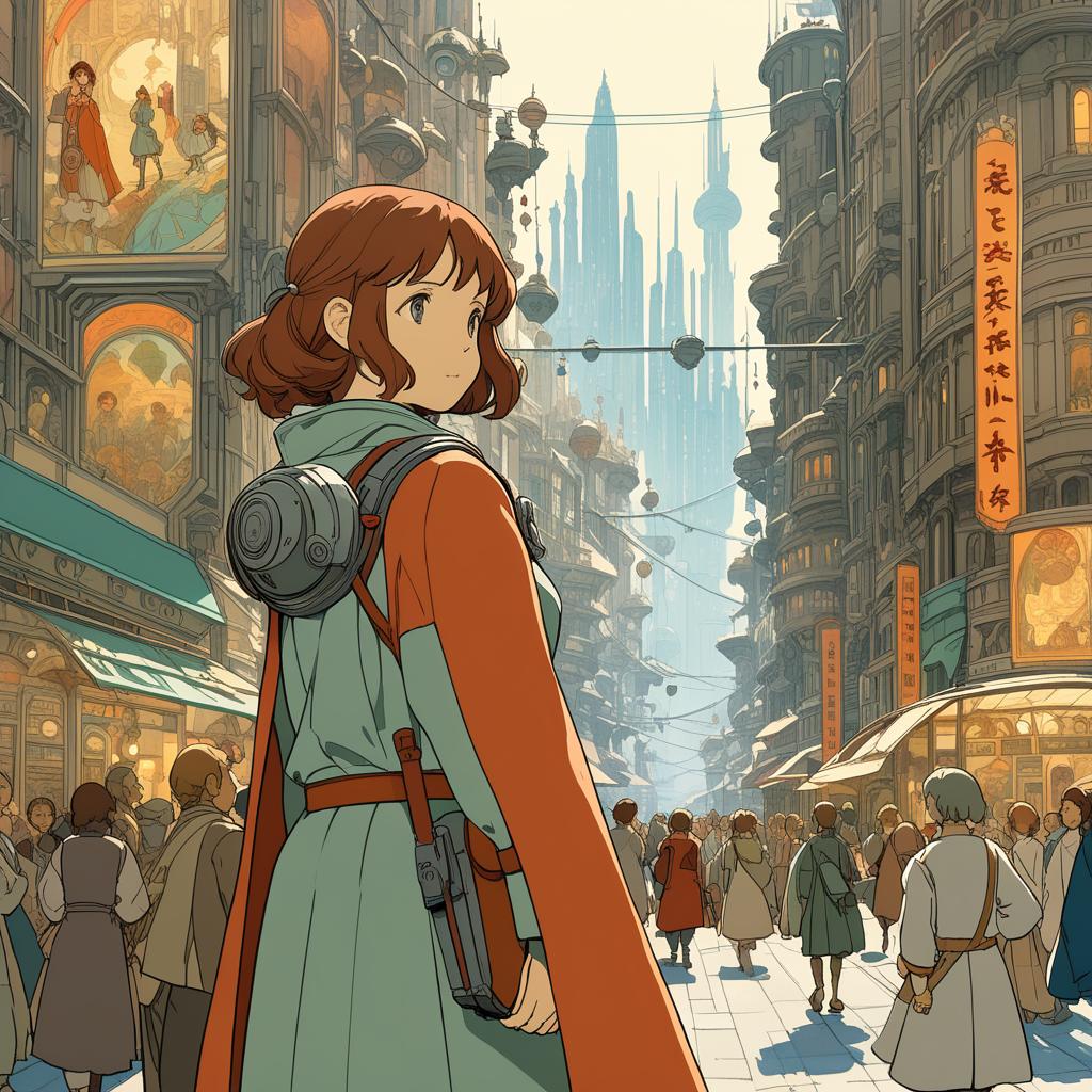  by Studio Ghibli and Alphonse Mucha, thick (science fiction scene:1.1) , looking away from camera, city, Selective focus