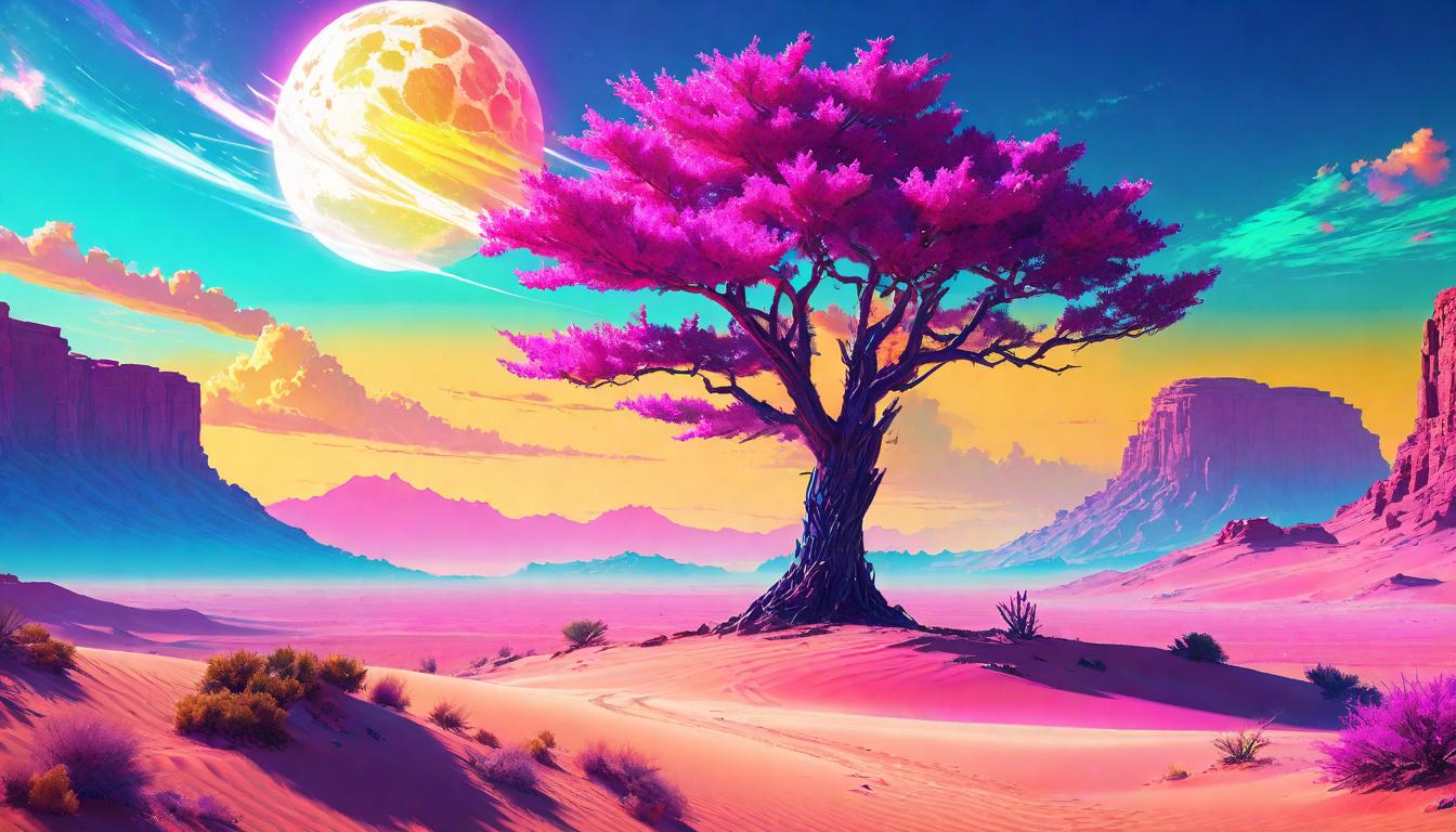  vaporwave,cyberpunk game style A lone tree in a vast desert, standing resilient under the expansive sky. Solitary strength, desert resilience, sky of infinite possibility, introspective solitudeeon, dystopian, futuristic, digital, vibrant, detailed, high contrast, reminiscent of cyberpunk genre video games,retro aesthetic, cyberpunk, vibrant, neon colors, vintage 80s and 90s style, highly detailed