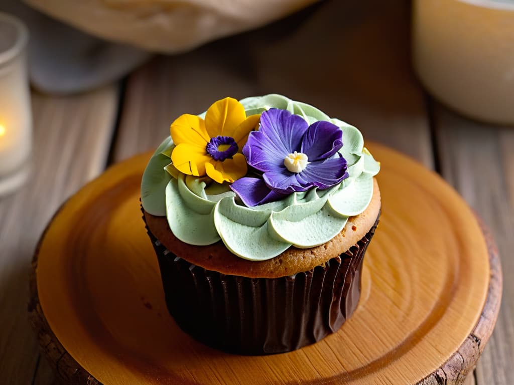  A closeup, ultradetailed image of a beautifully decorated cupcake made with organic, locally sourced ingredients, showcasing intricate frosting swirls and edible flower petals on top. The cupcake is placed on a rustic wooden table, with soft natural lighting illuminating its vibrant colors and textures, highlighting the craftsmanship and sustainable practices behind its creation. hyperrealistic, full body, detailed clothing, highly detailed, cinematic lighting, stunningly beautiful, intricate, sharp focus, f/1. 8, 85mm, (centered image composition), (professionally color graded), ((bright soft diffused light)), volumetric fog, trending on instagram, trending on tumblr, HDR 4K, 8K