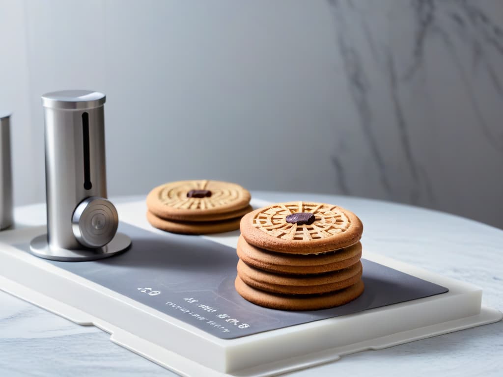  A closeup, highresolution image of a sleek, stainless steel cookie press, showcasing intricate, uniform cookie designs being effortlessly created. The press sits on a clean, white marble countertop, emphasizing its modern and professional aesthetic. The image captures the precision and ease of creating stunning cookie designs, perfect for the informative and inspirational tone of the article on cookie presses. hyperrealistic, full body, detailed clothing, highly detailed, cinematic lighting, stunningly beautiful, intricate, sharp focus, f/1. 8, 85mm, (centered image composition), (professionally color graded), ((bright soft diffused light)), volumetric fog, trending on instagram, trending on tumblr, HDR 4K, 8K