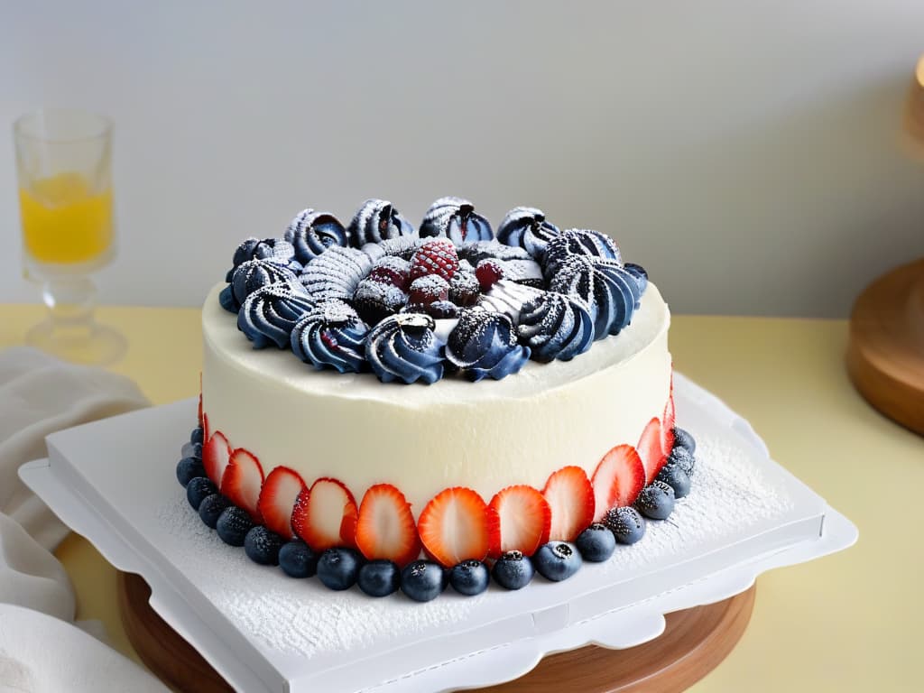  A photorealistic image of a beautifully decorated diabeticfriendly cake, with intricate sugarfree frosting swirls, fresh berries on top, and a dusting of powdered erythritol for a sweet finish. The cake is displayed on a elegant cake stand, set against a softfocus background of a modern kitchen with natural light streaming in, conveying a sense of joy and healthy indulgence. hyperrealistic, full body, detailed clothing, highly detailed, cinematic lighting, stunningly beautiful, intricate, sharp focus, f/1. 8, 85mm, (centered image composition), (professionally color graded), ((bright soft diffused light)), volumetric fog, trending on instagram, trending on tumblr, HDR 4K, 8K