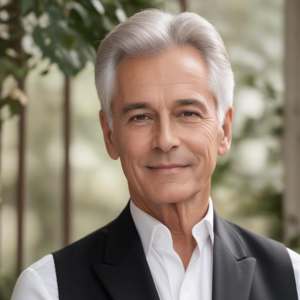  A beautiful elderly man with gray hair, brown eyes in a tuxedo and a white shirt