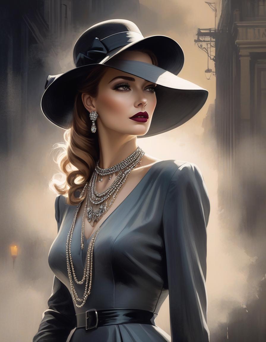  film noir style painting of a woman wearing a hat with a necklace, exquisite digital illustration, elegante pintura digital, linda pintura de persona gem, beautiful digital illustration, estilo de pintura digital, linda pintura digital, linda arte digital, no estilo aquarela, pintura linda, no art style by bowater, a beautiful art illustration, no estilo de aquarela digital, with ink blots and paint running down the screen . monochrome, high contrast, dramatic shadows, 1940s style, mysterious, cinematic hyperrealistic, full body, detailed clothing, highly detailed, cinematic lighting, stunningly beautiful, intricate, sharp focus, f/1. 8, 85mm, (centered image composition), (professionally color graded), ((bright soft diffused light)), volumetric fog, trending on instagram, trending on tumblr, HDR 4K, 8K