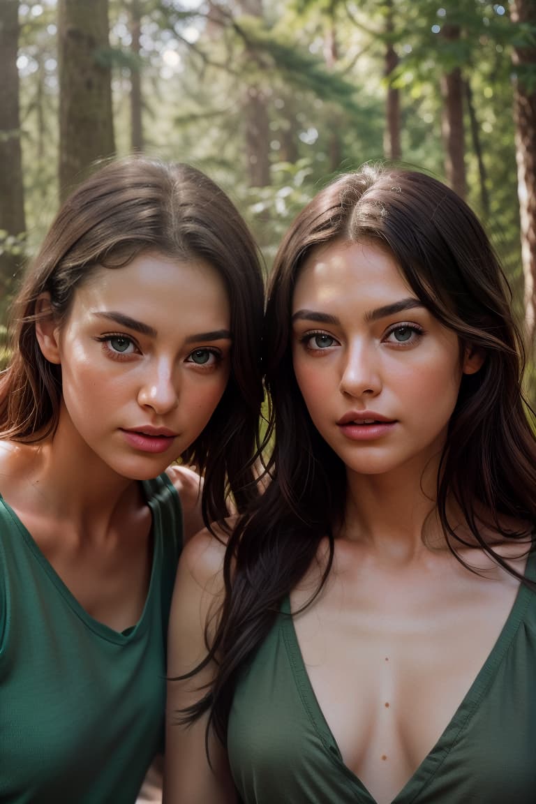  photo of a beautiful 2 woman with dark brown hair and green eyes, , showing her s and wearing a , with her friend also , both showing their s, in the forest,,forest,standing, masterpiece, best quality, (photorealistic:1.4), perfect lighting, (photorealism:1.4), beautiful, best quality, aesthetic, high quality, best quality, 4k, , perfect lighting, masterpiece, symmetric eyes