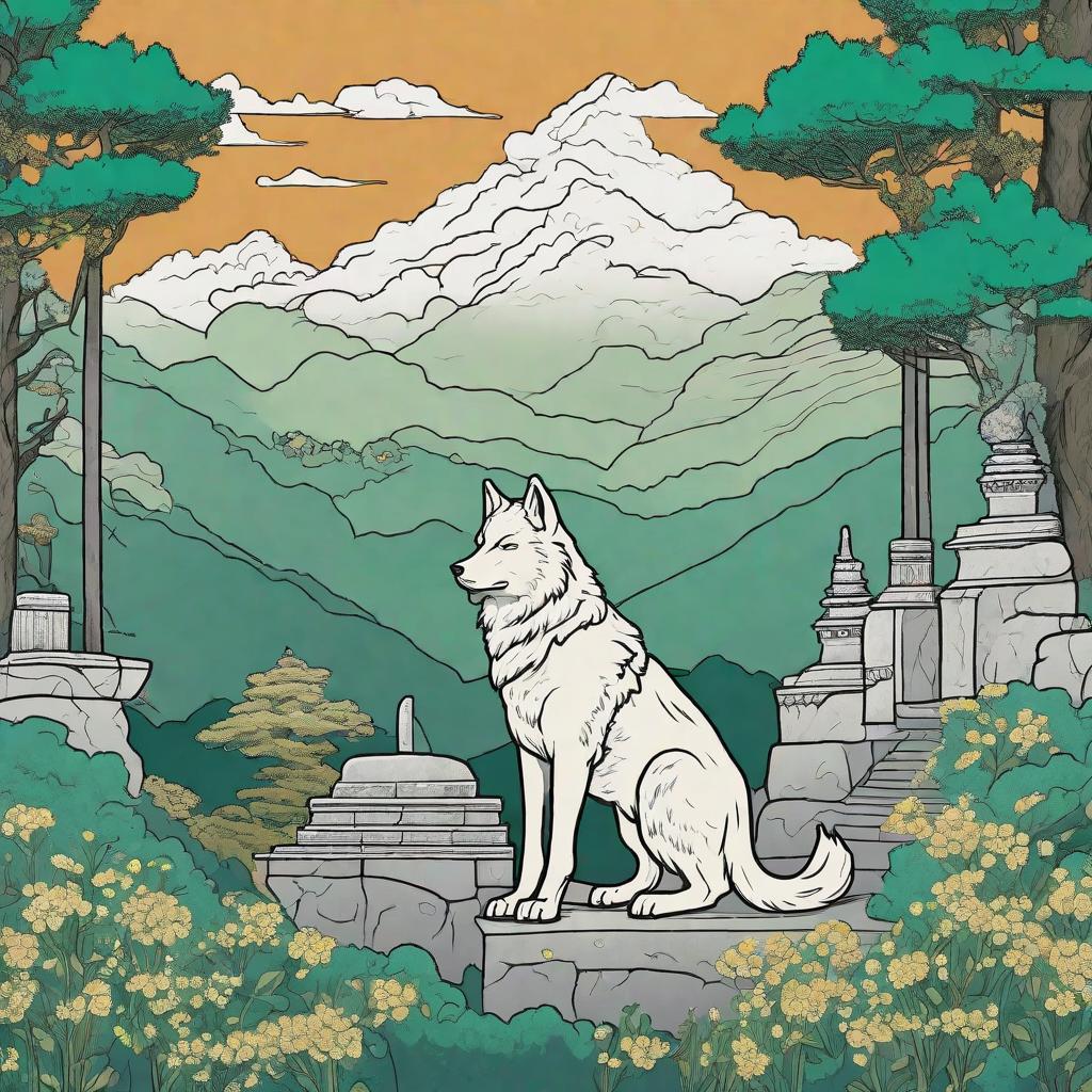  On a long step of a temple on the mountain sat a particularly handsome wolf with the temperament of a king. He stood against the wind with gentle and domineering eyes. His body was particularly large and strong. Behind him was a temple surrounded by mountains and trees. On both sides of the steps stood stones. The sky was very blue, with a few white clouds floating, green trees and flowers growing wantonly.