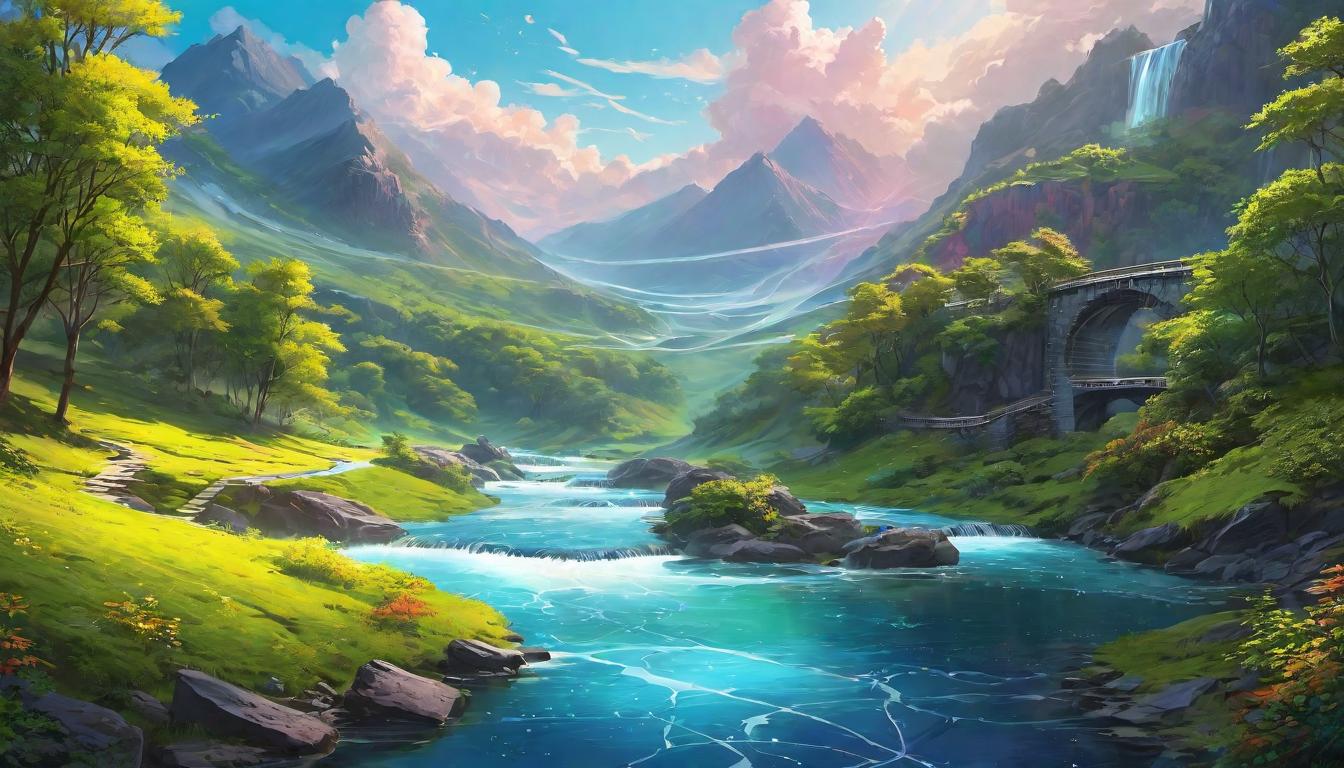  digital illustration, Inner energy flow visualized as a river of luminescent colors, winding through a serene landscape, intersecting with paths and bridges, symbolizing exploration and understanding, serene, enlightening, colorful journey, looking at viewer, dynamic pose, (intricate details, masterpiece, best quality)