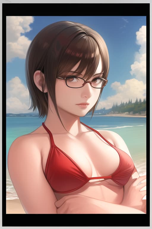  Red rimmed glasses, brown hair, yellow bikini, folded arms, looking at camera, short hair, ultra detailed,, (Masterpiece, BestQuality:1.3), (ultra detailed:1.2), (hyperrealistic:1.3), (RAW photo:1.2),High detail RAW color photo, professional photograph, (Photorealistic:1.4), (realistic:1.4), ,professional lighting, (japanese), beautiful face, (realistic face)