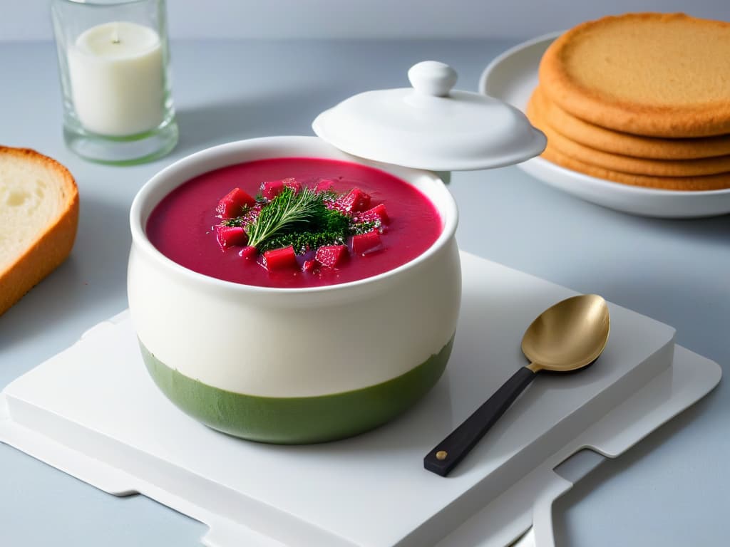  An ultradetailed image of a traditional Russian borscht soup being served in a simple, elegant, and minimalistic white bowl. The soup is rich in color with vibrant red beets, deep green dill, and a dollop of sour cream on top, all set against a clean, white backdrop. The focus is on the intricate textures and colors of the dish, highlighting the impact of Russian culinary traditions amidst a backdrop of simplicity and elegance. hyperrealistic, full body, detailed clothing, highly detailed, cinematic lighting, stunningly beautiful, intricate, sharp focus, f/1. 8, 85mm, (centered image composition), (professionally color graded), ((bright soft diffused light)), volumetric fog, trending on instagram, trending on tumblr, HDR 4K, 8K