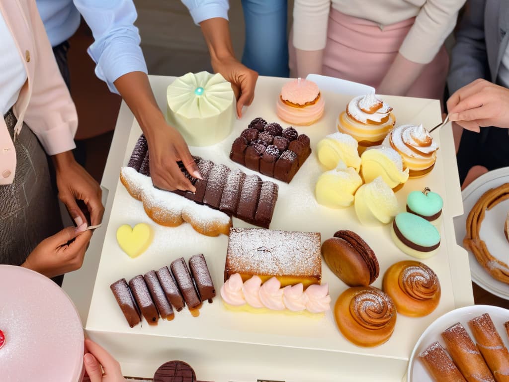  A minimalist illustration of a diverse group of people of various ages and backgrounds, gathered around a large table filled with beautifully decorated pastries and desserts. Each person is engaged in conversation, smiling, and enjoying the sense of community created by the shared love of baking and confectionery. The color palette is soft and muted, with a focus on pastel tones to convey a sense of warmth and inclusivity. hyperrealistic, full body, detailed clothing, highly detailed, cinematic lighting, stunningly beautiful, intricate, sharp focus, f/1. 8, 85mm, (centered image composition), (professionally color graded), ((bright soft diffused light)), volumetric fog, trending on instagram, trending on tumblr, HDR 4K, 8K