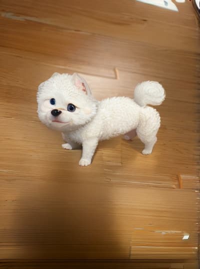  ultra high resolution, 4K image,masterpiece,best_quality,detailed eyes,(pixar style:1.2),(cartoon character,funny),a small white dog is standing on a wooden floor