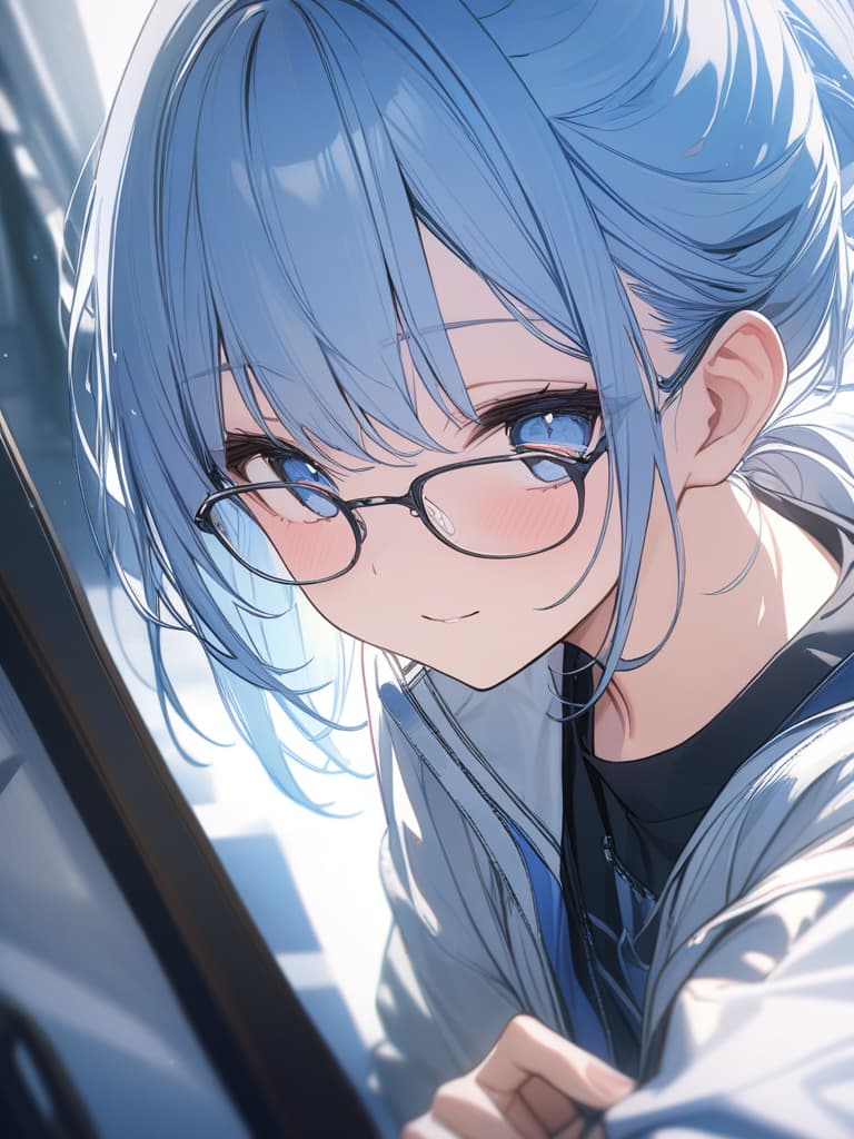  Light blue hair, glasses, masterpiece, best quality,8k,ultra detailed,high resolution,an extremely delicate and beautiful,hyper detail