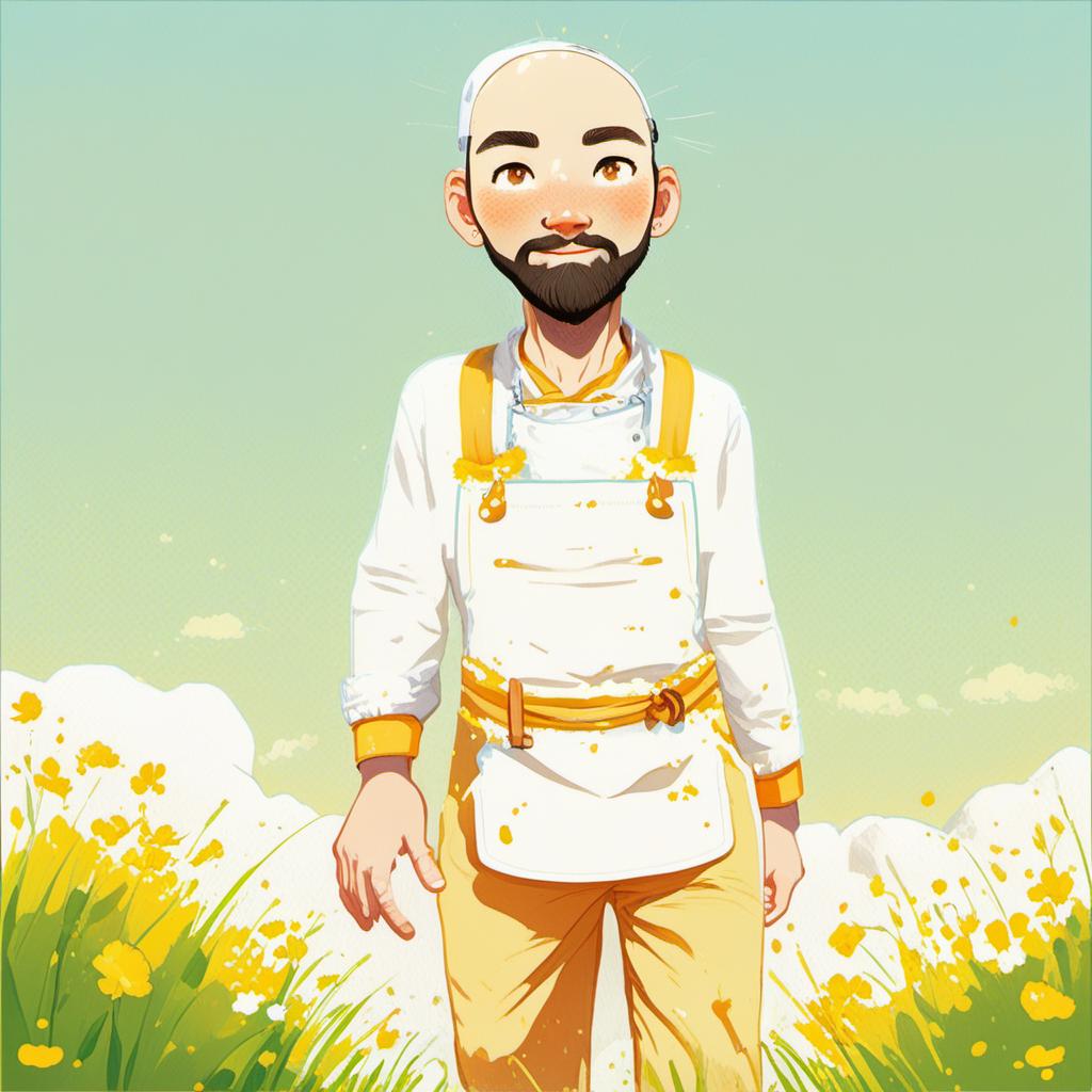  a man walking on a mountain,,a rocky mountain,,a robust, cheerful male chef with a bushy beard, wearing a traditional white chef's hat, a white shirt, and a white apron, and black trousers, white shoes. he has a confident and warm expression, exuding friendliness and strength. the character is detailed with realistic textures and a slightly fantasy inspired aesthetic.,sky blue (#87ceeb), sun yellow (#ffd700), bright white (sunlight reflection) (#ffffff), soft green (grass) (#98fb98), warm orange (sunrise/sunset accent) (#ffa07a),high quality, cartoonish, 4k, comic style, manga and manhwa style, (((painting style)))