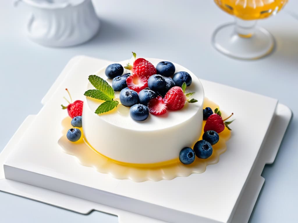  A minimalist and elegant closeup image of a translucent agar agar jelly dessert topped with fresh vibrant berries, all placed on a sleek white plate with subtle reflections, showcasing the gel's clarity and the natural colors of the fruit in stunning detail. hyperrealistic, full body, detailed clothing, highly detailed, cinematic lighting, stunningly beautiful, intricate, sharp focus, f/1. 8, 85mm, (centered image composition), (professionally color graded), ((bright soft diffused light)), volumetric fog, trending on instagram, trending on tumblr, HDR 4K, 8K