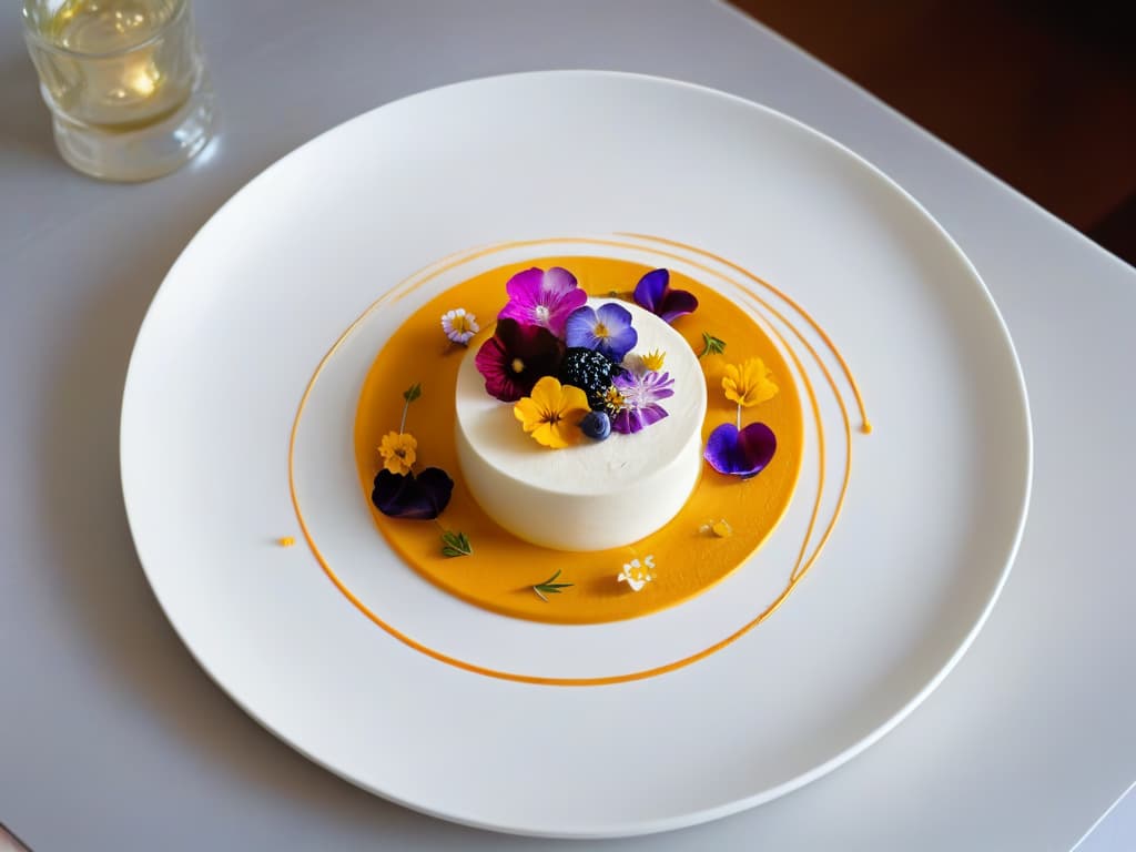  A highresolution image showcasing a minimalist, modern dessert plating with vibrant, contrasting colors. The dessert is elegantly presented on a sleek, white plate, featuring artistic swirls of colorful sauces, delicate edible flowers, and precisionplaced garnishes. The focal point of the image is a visually striking dessert that perfectly embodies the concept of color psychology in modern pastrymaking, evoking feelings of sophistication and creativity. hyperrealistic, full body, detailed clothing, highly detailed, cinematic lighting, stunningly beautiful, intricate, sharp focus, f/1. 8, 85mm, (centered image composition), (professionally color graded), ((bright soft diffused light)), volumetric fog, trending on instagram, trending on tumblr, HDR 4K, 8K