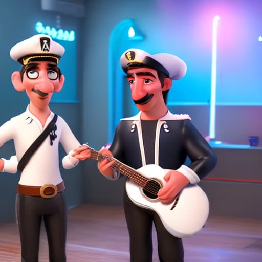 modern disney style Two 2 old skinny guitar players in a bar one is a space cow with a silver chrome suit with black cow hat silver sungles with medium goatee curl shoulder length hair 

other guitar player looks like Groucho Marx and is wearing a sailor outfit and captain sailor hat with straight shoulder length  hair slightly cubby with no facial hair