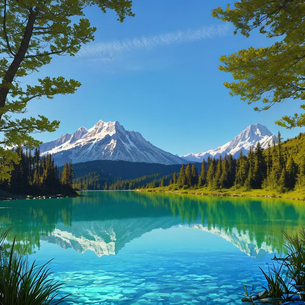  as a painting, Convey the serene majesty of towering mountains reflected in the crystal-clear waters of a tranquil alpine lake, using your unique artistic vision to evoke a sense of awe and tranquility.