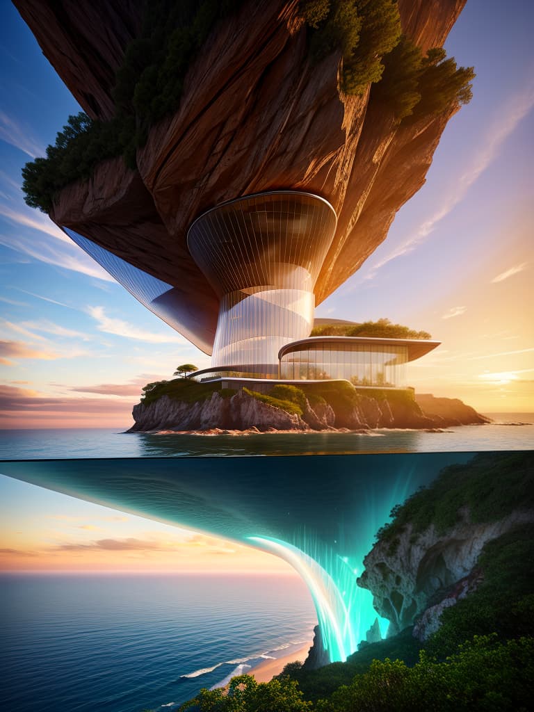  ethereal fantasy concept art of Hyper realistic, large modern glass house half underground half cantilevered off a cliff, ocean in background, dramatic lighting, flambient clouds, red sunrise, highly detailed, perfect composition, 4k. magnificent, celestial, ethereal, painterly, epic, majestic, magical, fantasy art, cover art, dreamy