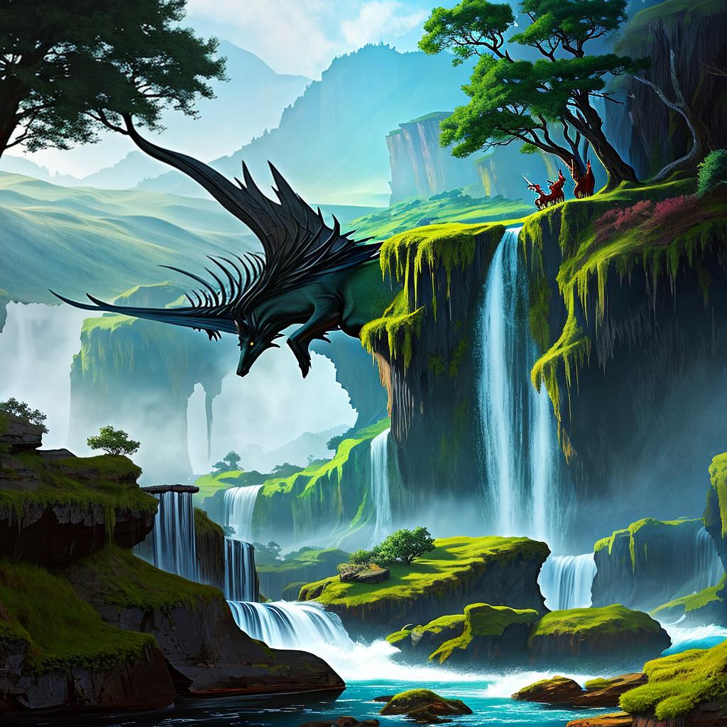  in a fantasy setting, Paint a surreal landscape where mythical beasts roam amidst cascading waterfalls.