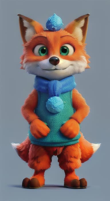  {Error the fox pressing the blue button with his paw, looking puzzled as nothing occurs., Error is a small, bright orange fox with a fluffy tail and big, inquisitive eyes. He has a mischievous yet kind expression and wears a tiny green scarf.