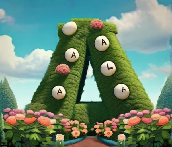  pixar style , a topiary in the style of a capital, (((one uppercase letter A))), with flowers and butterflies, (((in a garden setting with trees and sky)))