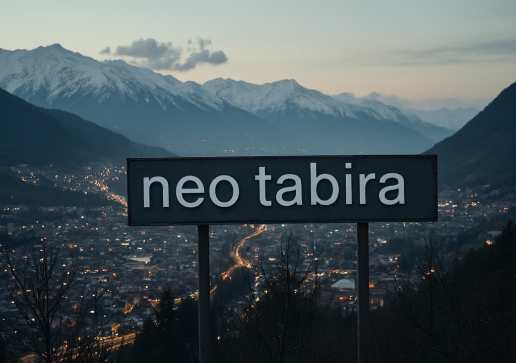  good quality, high quality, an aerial view of a sign with the word 'neo tabira' written on it, in a small future basque city surrounded by mountains at dusk, where evil corporations can be seen.