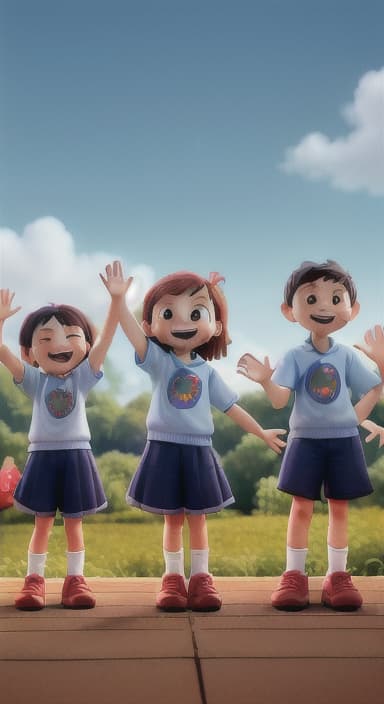  {A heartwarming scene of all the children waving goodbye with happy expressions., Children waving with wide smiles, looking grateful and content.