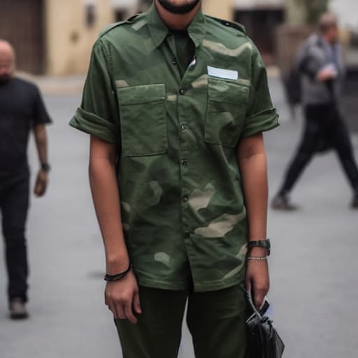  hombre con pasamontañas con media cara,gafas oscuras,una camiseta verde oscuro sin chaqueta con pantalones negros de traje con botas negras militares con cabello corto negro con brazalete de cuero