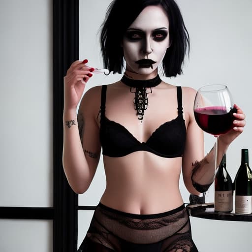  (full body photography)gorgeous Female model with gothic style makeup wearing only see-through black lacepanties, large,, drinking wine, short hair, dark hair,