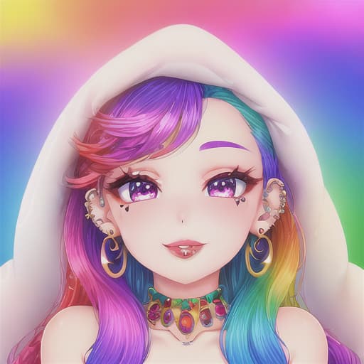  ((stunning and jovial latina)) ((VERY pale white skin)) ((long, wavy RAINBOW hair)) ((big and prominent nose)) ((plump lips)) ((small hazel eyes)) ((lots of piercings and jewelry)) ((portrait)) ((colorful hair)) ((High definition)) ((extremely detailed)) ((vibrant colors)) ((rainbow aesthetic))