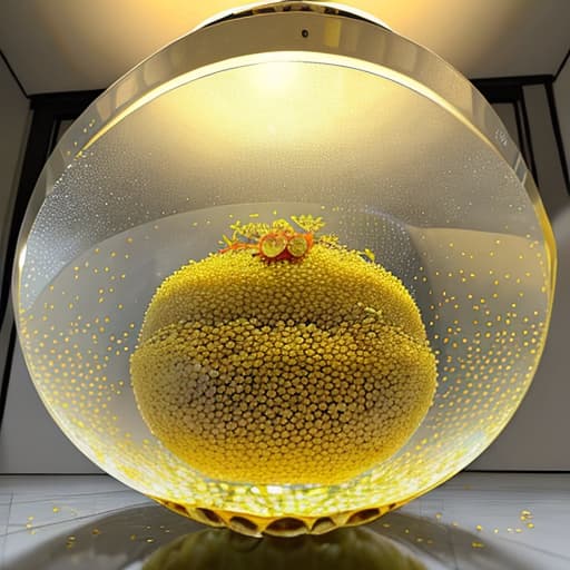  The picture shows the finished lotus seed glutinous rice cake sprinkled with golden osmanthus flowers. The glutinous rice cake is placed in a transparent glass bowl, which is placed in the refrigerator. The refrigerator door is half open, and the lights and fog in the refrigerator can be seen.