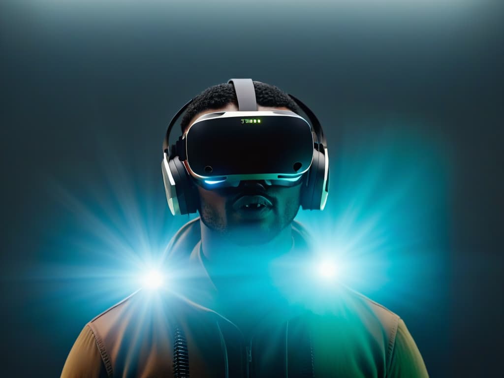  An ultradetailed image of a sleek, futuristic virtual reality headset hovering in midair, illuminated by a soft, ethereal light. The headset is adorned with intricate geometric patterns and glows with a subtle, otherworldly energy. The background is a dark, velvety black, enhancing the minimalist and futuristic feel of the image. hyperrealistic, full body, detailed clothing, highly detailed, cinematic lighting, stunningly beautiful, intricate, sharp focus, f/1. 8, 85mm, (centered image composition), (professionally color graded), ((bright soft diffused light)), volumetric fog, trending on instagram, trending on tumblr, HDR 4K, 8K