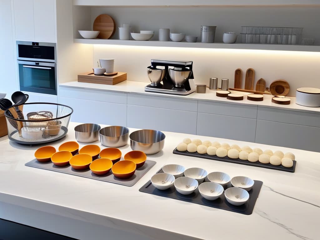  An ultradetailed image of a sleek, modern kitchen workspace specifically designed for efficient baking and pastry production. The image showcases a pristine marble countertop with neatly organized rows of baking tools, from mixing bowls to measuring cups, all perfectly arranged in a minimalist fashion. The lighting is soft yet bright, highlighting the immaculate cleanliness and orderliness of the workspace, inspiring feelings of productivity and organization. hyperrealistic, full body, detailed clothing, highly detailed, cinematic lighting, stunningly beautiful, intricate, sharp focus, f/1. 8, 85mm, (centered image composition), (professionally color graded), ((bright soft diffused light)), volumetric fog, trending on instagram, trending on tumblr, HDR 4K, 8K