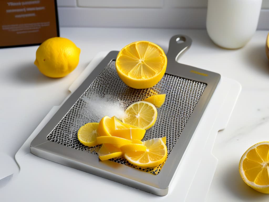  An ultradetailed closeup image of a shiny stainless steel microplane zester grating the vibrant yellow zest of a lemon, with tiny, delicate citrus shavings elegantly falling onto a white marble countertop. The lighting is soft yet illuminating, capturing every fine detail of the zest being grated, showcasing the precision and efficiency of the zester in action. The composition is minimalistic, focusing solely on the zesting process, highlighting the beauty and functionality of this essential tool in pastry making. hyperrealistic, full body, detailed clothing, highly detailed, cinematic lighting, stunningly beautiful, intricate, sharp focus, f/1. 8, 85mm, (centered image composition), (professionally color graded), ((bright soft diffused light)), volumetric fog, trending on instagram, trending on tumblr, HDR 4K, 8K