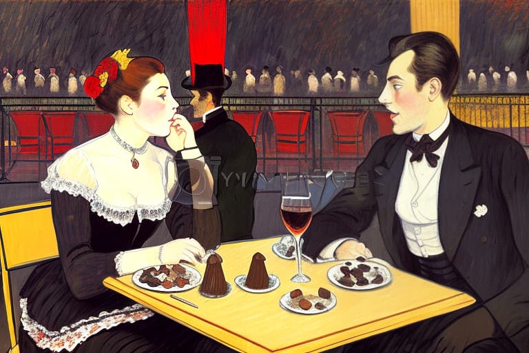  attractive young Parisian couple dressed in modern designer outfits who are romantically together in Paris. Foreground a small plate of fine dark chocolates on a small wooden table. Background dusk with a light of the inside the Moulin Rouge during a show. Painting style of Henri de Toulouse-Lautrec