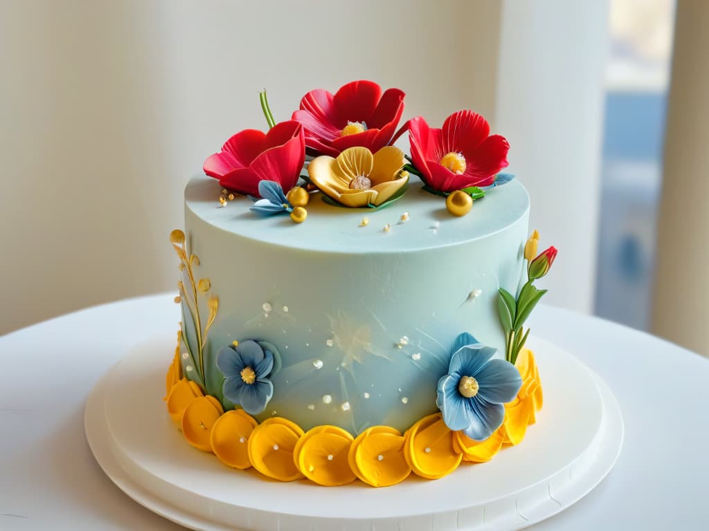  A closeup, highresolution image of a meticulously decorated multitiered cake, featuring intricate fondant details, delicate sugar flowers, and shimmering edible gold accents. The cake is displayed on a sleek, white marble cake stand, set against a soft, blurred background to emphasize its exquisite craftsmanship and elegant design. hyperrealistic, full body, detailed clothing, highly detailed, cinematic lighting, stunningly beautiful, intricate, sharp focus, f/1. 8, 85mm, (centered image composition), (professionally color graded), ((bright soft diffused light)), volumetric fog, trending on instagram, trending on tumblr, HDR 4K, 8K