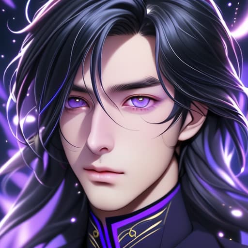  Make a handsome young man at the age of 16 having messy black hair, make one eye golden with a star pulil and the other eye violet with a void pupil also make the background like a cosmic one and make it look very animeish so make it with two different eyes as i said one golden and one violet