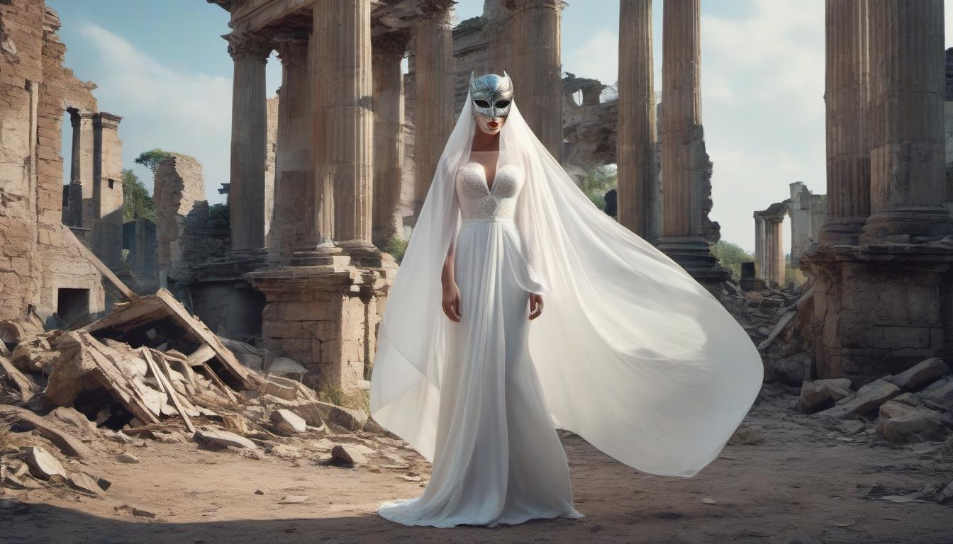  A girl in a white veil fluttering in the wind stands among the ruins, her face adorned with a carnival mask. hyperrealistic, full body, detailed clothing, highly detailed, cinematic lighting, stunningly beautiful, intricate, sharp focus, f/1. 8, 85mm, (centered image composition), (professionally color graded), ((bright soft diffused light)), volumetric fog, trending on instagram, trending on tumblr, HDR 4K, 8K