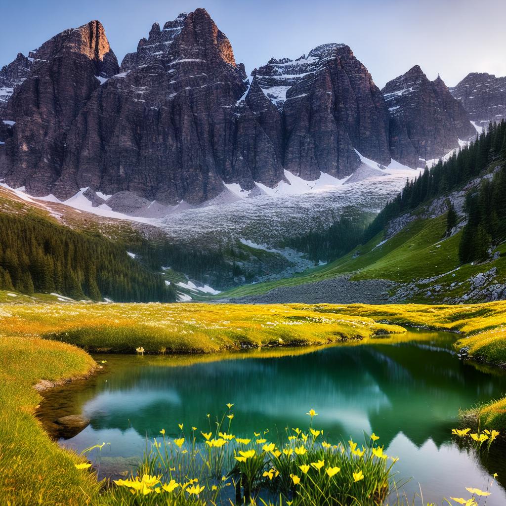  A breathtaking landscape photograph, a masterpiece capturing the best quality and ultra-detailed scenery. Medium: Photography, Style: Scenic, Artist: Unknown, Website: N/A, Resolution: 8k. Additional details: The image showcases vibrant colors and high contrast, with rich textures and intricate details. The main subject of the scene is a stunning natural landscape, ((mountains)) towering in the background, reflecting their majestic peaks on a crystal-clear lake. The foreground features a lush ((green meadow)) with colorful wildflowers, inviting the viewer to immerse themselves in the beauty of nature. The lighting is soft and warm, casting a golden glow as the sun sets behind the mountains. hyperrealistic, full body, detailed clothing, highly detailed, cinematic lighting, stunningly beautiful, intricate, sharp focus, f/1. 8, 85mm, (centered image composition), (professionally color graded), ((bright soft diffused light)), volumetric fog, trending on instagram, trending on tumblr, HDR 4K, 8K